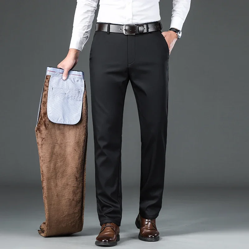 Winter Fleece Men\'s Business Pants Classic Trousers Elastic Thickened Warm Flannel Straight Casual Brand Plush Pants