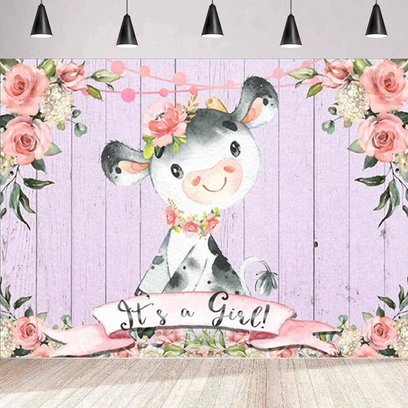 Holy Cow Girl Baby Shower Photography Backdrop For Girl It's a Girl Baby Shower Decor Pink Flowers Rustic Wood Background Wall