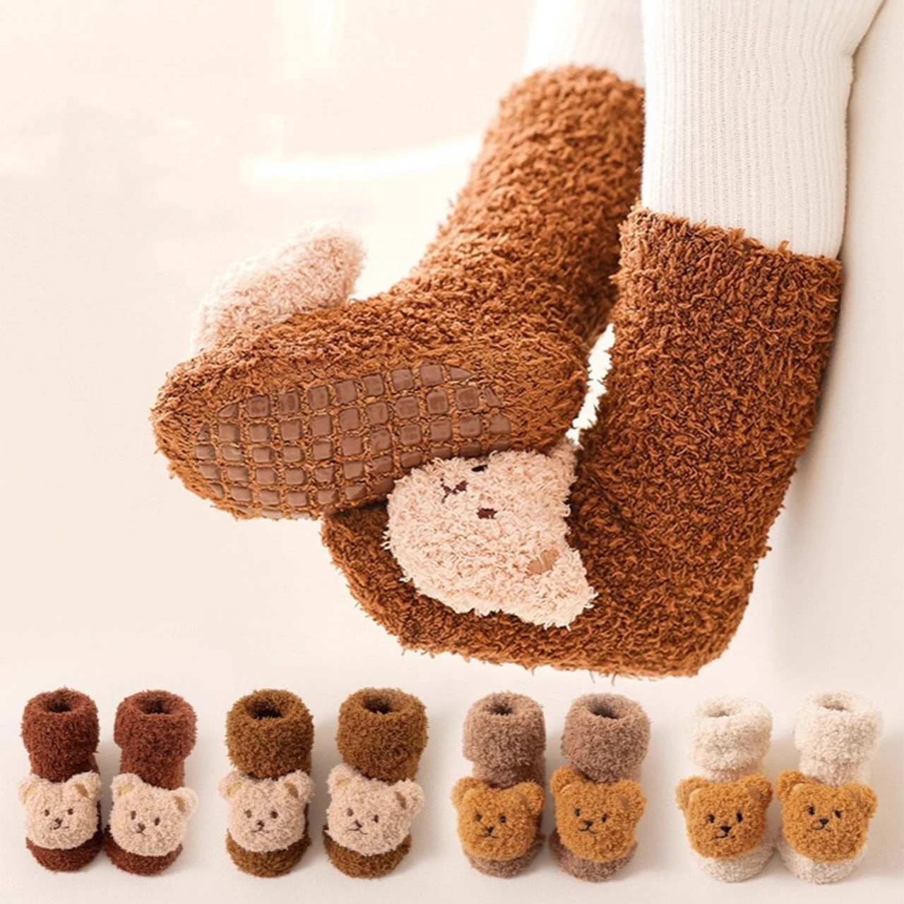 Plush Bear Baby Doll Socks Mid-Tube Anti slip Floor Sock Cute Cartoon Kids Warm Socks Winter Newborn Walking Footwear 0-1Year