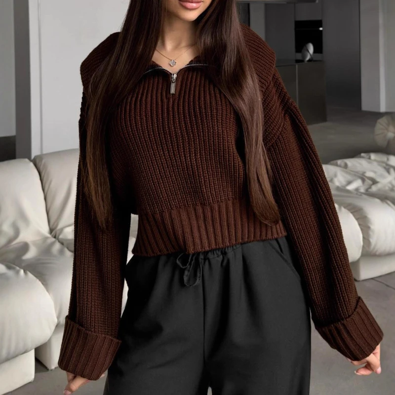 

Women Pullover Knitted Sweaters Zipper Turn Down Collar Jumper Vintage Loose Solid Long Sleeve Casual Autumn Winter Knitwear