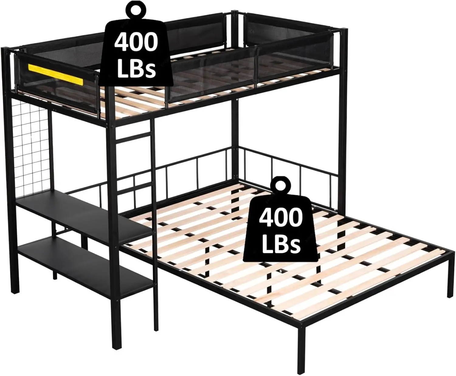 Twin Over Full Bunk Bed With Shelves & Grid Panel,Separated Full Size Bed Frame W/Noise-Free Wood Slats & Textilene Guardrail