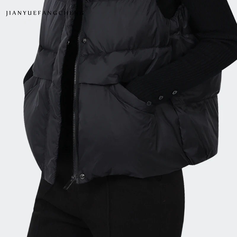 Moda feminina sem mangas preto para baixo jaqueta quente leve aconchegante casual colete puffer casaco