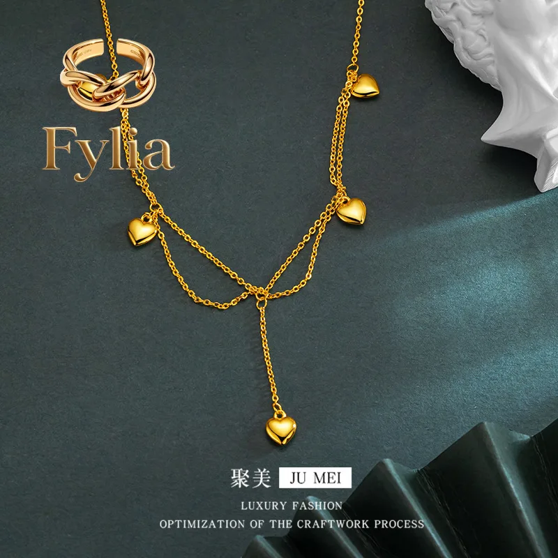 Fylia Jewelry   Luxury 24K 9999 Pure Gold real gold Lace Five Peach Heart Chain Light Luxury Hollow Tassel Clavicle Chain
