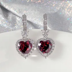 Fashion Women Shining Heart CZ 925 Silver Needle Stud Earrings for Wome Red Blue Ears Stud Crystal Valentine's Day Gift Jewelry