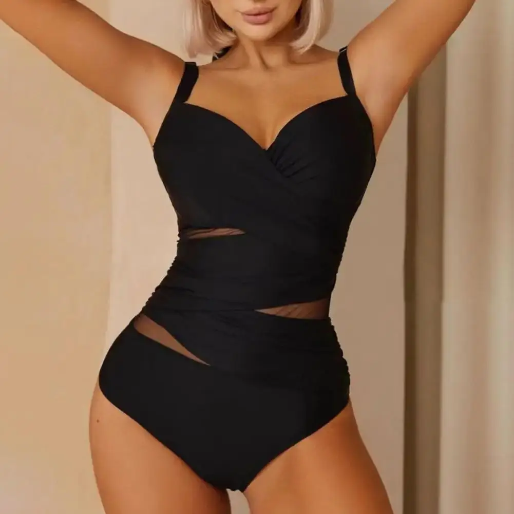 V 넥 수영복 세련된 여성용 메쉬 원피스 수영복, 해변 수영장 휴가 파티 프론트를 위한 배 컨트롤 컷아웃 디자인
