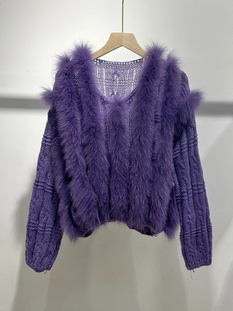 2026 Women Autumn Real Fur Pullover Coat With Real Fox Fur Stripe Knitted Sweater Coat Luxury Female Jackets view 2