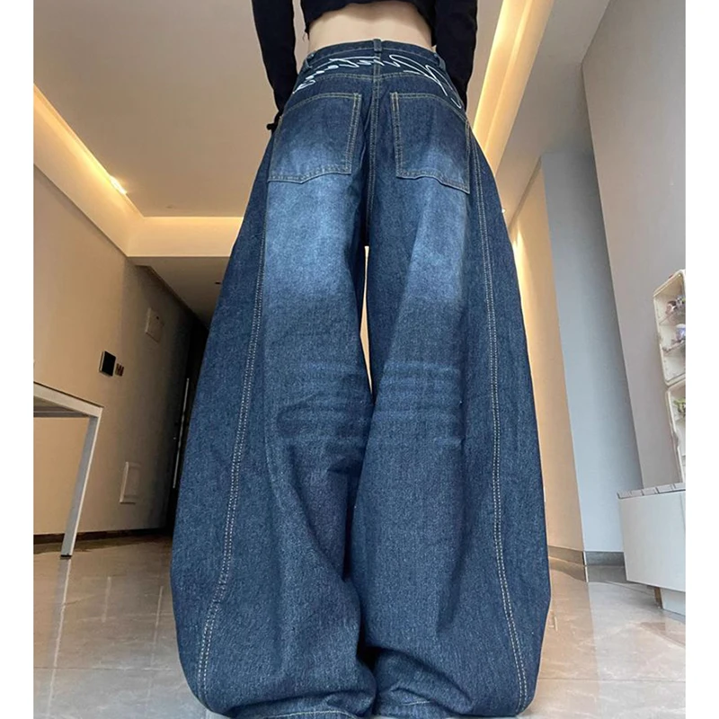 Amerikaanse Vintage Cargo Jeans Vrouwen Hoge Taille Straat Losse Wijde Pijpen Denim Broek Lui Casual Jazz Hiphop Y2K Donkerblauwe Broek