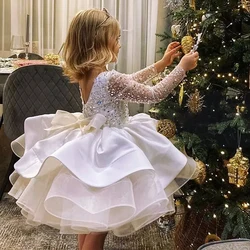 Summer Long Sleeve White Party Dress For Girl Children Lace Princess Dresses Girls Clothes Bridesmaid Wedding Birthday Gown