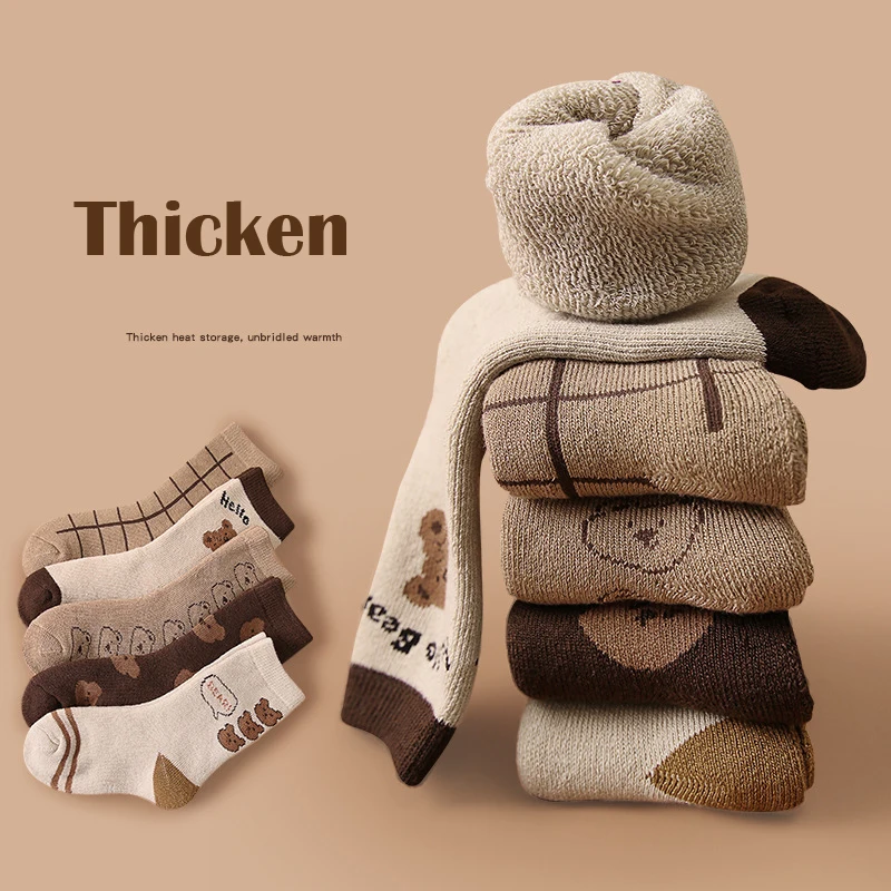 5 Paar Wintersocken, Thermo-Socken für Kinder, Jungen, Mädchen, Cartoon-Bär, warme Baumwollsocken, Plüschsocken für Kleinkinder – Detail 8