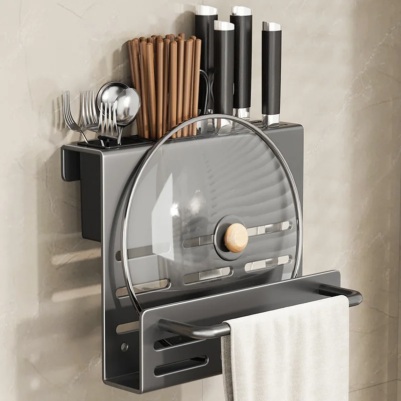 No Drilling Wall Mounted Kitchen Storage Rack Multifunctional Knife Chopstick Holder Cutting Board Organizer With Towel Bar For