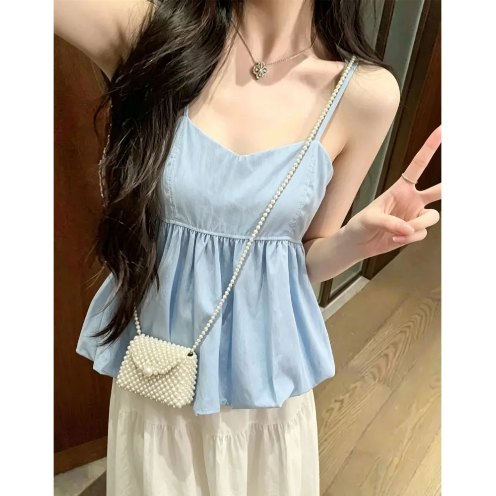 Sweet Anti-Aging Pleated Flower Bud Strap Vest Women Summer Elegance Tube Top Doll Shirt Regular Fit Polyester Casual Wear