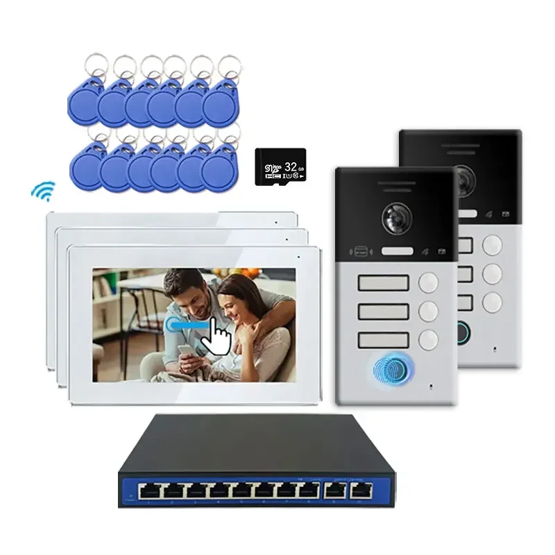 Anjielo Smart Tuya ไวไฟอินเตอร์คอมแบบ3-Family Apartment with PoE Switch set