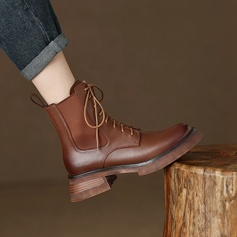 NEW Autumn Women Boots Split Leather Shoes for Women Round Toe Chunky Heel Shoes Winter Lace-up Short Boots Casual Daily Shoes