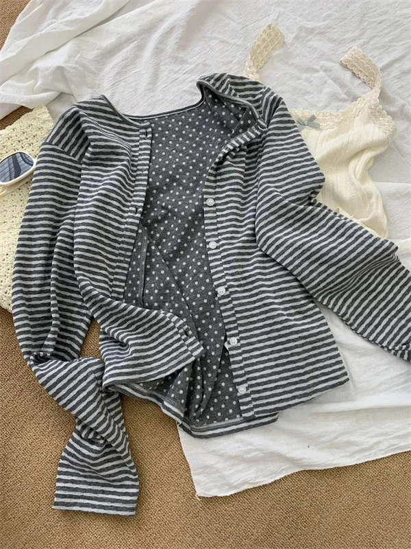 

American Retro Chic Striped Polka Dot Double Layer Special Design round Neck Open Cardigan Thin Outerwear Trendy Top