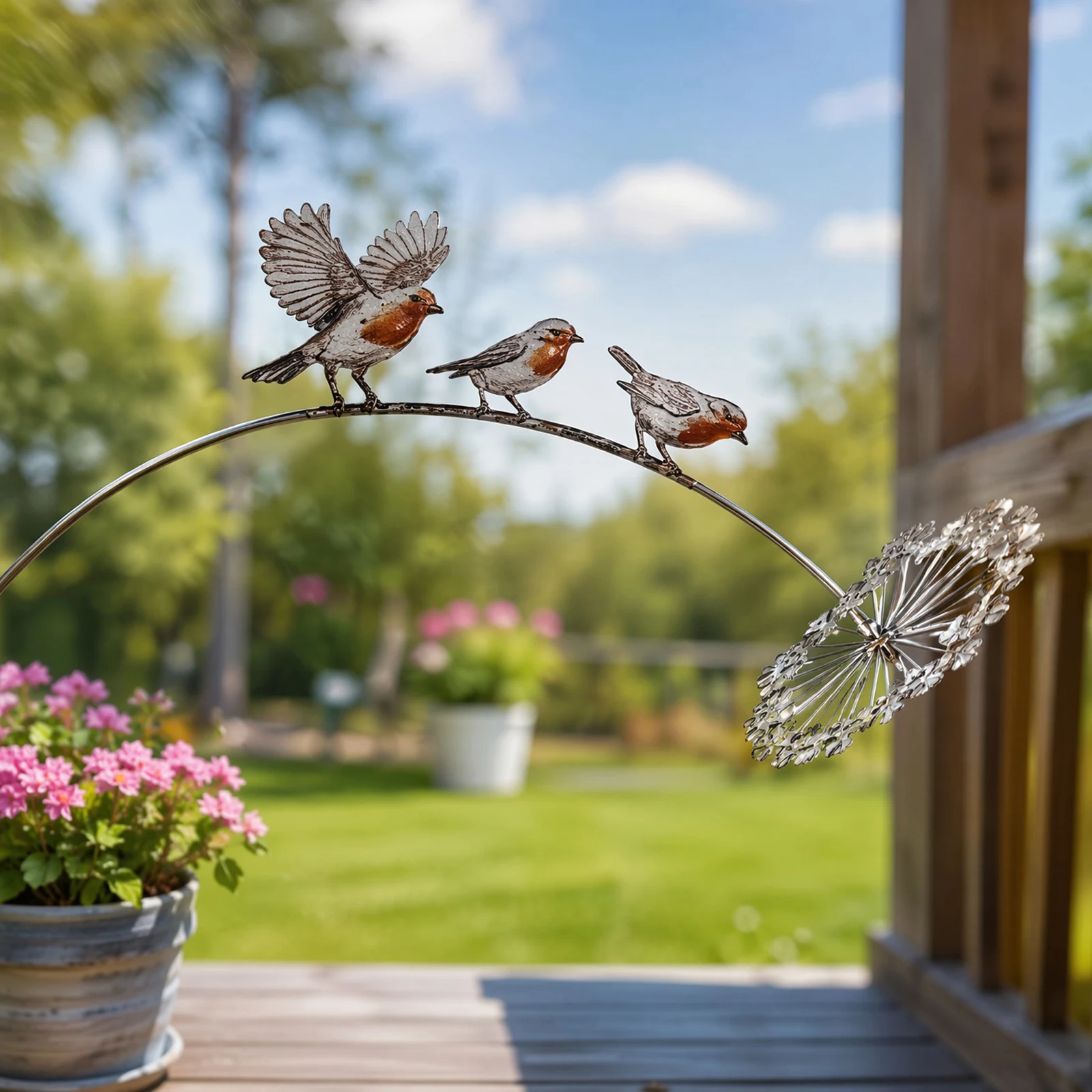 Robin Garden Stake with Dandelion Accent Outdoor Yard Art Stake Metal Robin Garden Ornament for Lawn Patio Flower Bed Walkway