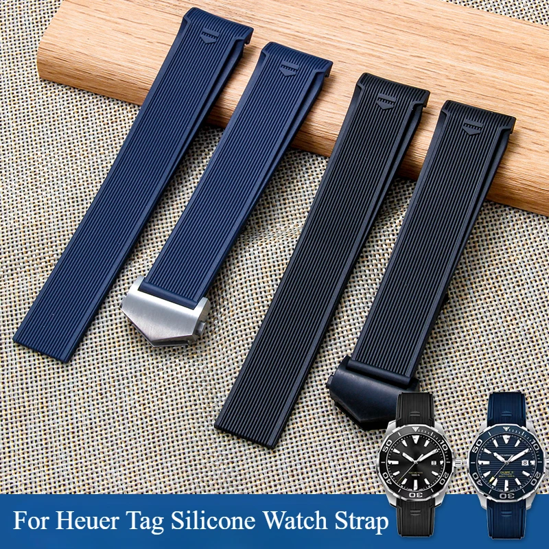 22mm Exquisite Silicone Watch Accessories for Heuer Tag Aquaracer Series Sport Sweatproof Non-slip Watch Strap Blue Black