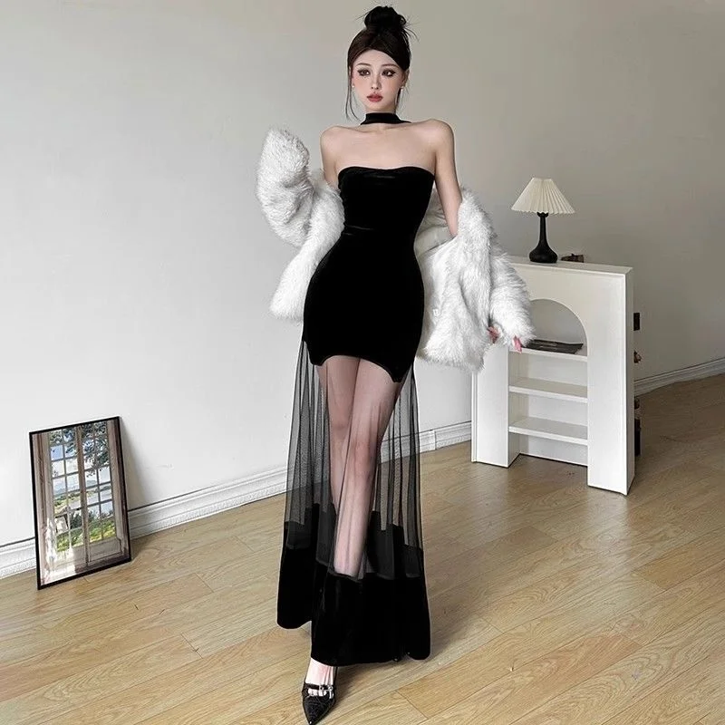 Elegant Black Velvet Gothic Party Halter Dresses Women Y2k Mesh Patchwork Backless Dress 2025 Sheer Skinny Evening Sexy Clothing