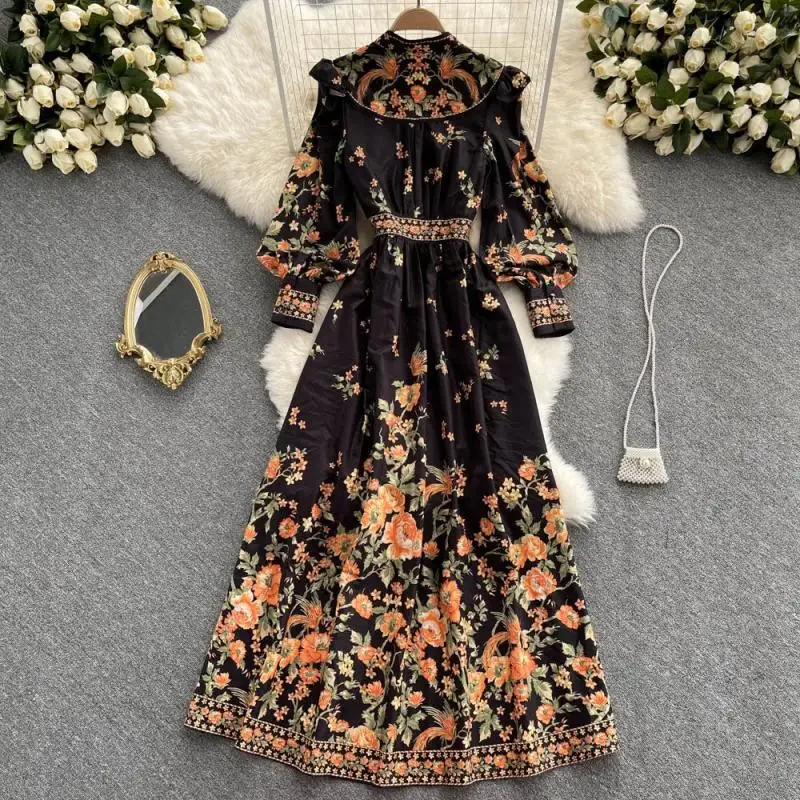 Dress Autumn Vintage Chiffon Single Breasted Lady Full Dress A Line V Neck Puff Sleeve Mid-Calf Women Dresses Vestido Y2k Dress