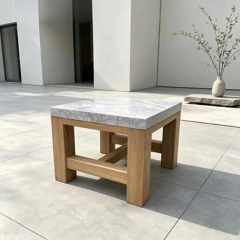 Elegant Outdoor Wooden Coffee Table with Marble Top for Courtyard Terrace Garden and Family Patio