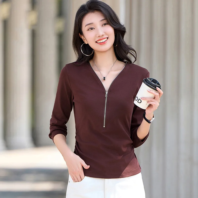 

New Women Simplicity T-shirt Spring Autumn Fashion Zipper V-Neck Long Sleeve Slim Waist Tees Casual Daily Basic T-shirt Female