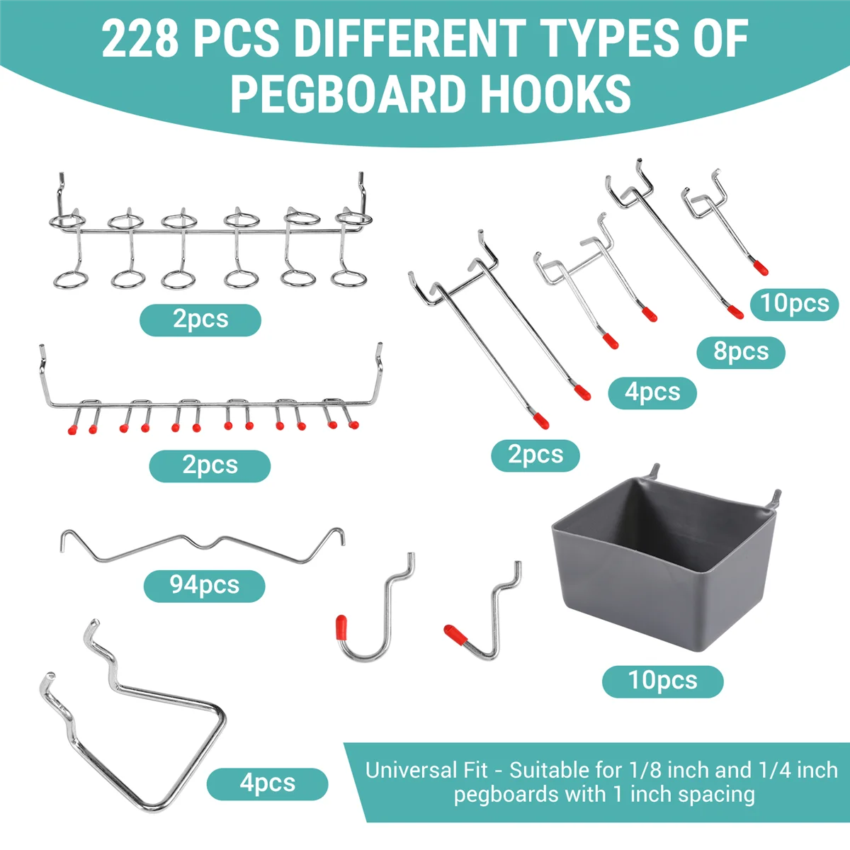 

ABNQ 228 Pcs Pegboard Hooks Assortment with Metal Hooks Sets, Pegboard Bins, Peg Locks for Organizing Storage System Tools