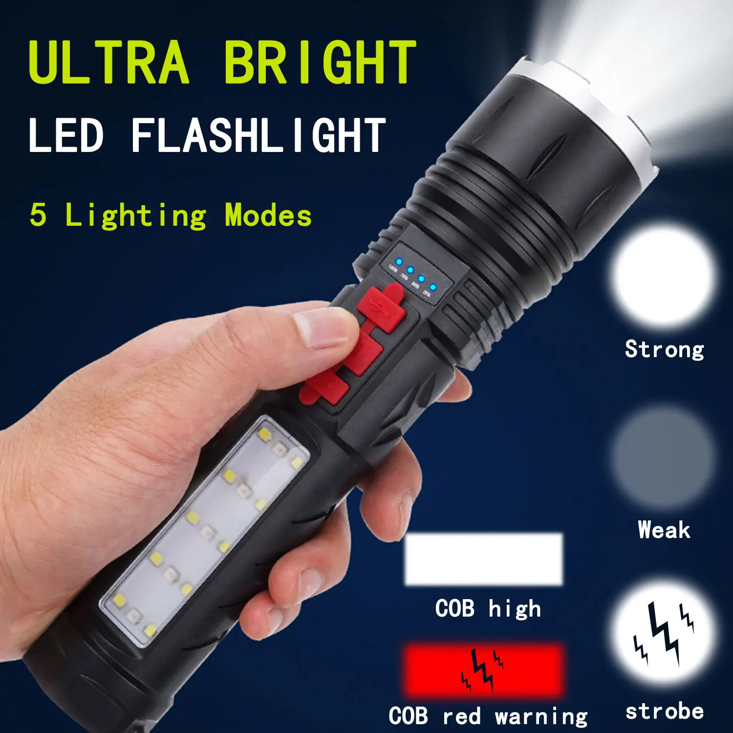 

Ultra Bright P50 Lamp Beads Telescopic Zoom Rechargeable Flashlight With 5 Lighting Modes 80db Beep Alarm Self-defense Torch
