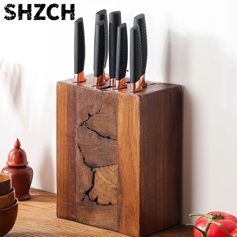 "6-Slot Acacia Knife Block - Ventilated Rack with Drain Holes - Rustproof Countertop Organizer for Home/Chef