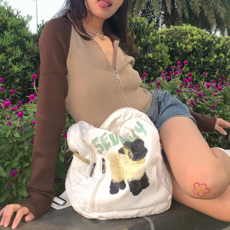 Sweet Cool Girls Schoolbags Y2k Aesthetic Cartoon Cute Sheep Letter Canvas Women Bags Casual All Match Simple Backpacks Japanese