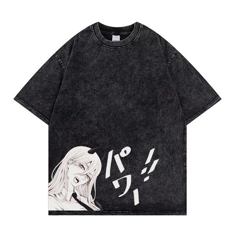 

Chainsaw Man 2026 Summer Vintage Washed Cotton T Shirt Oversized Streetwear Chainsaw Man Denji Zombie Horde Gore Horror