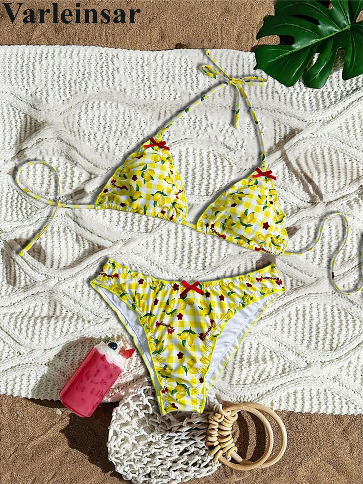

XS - L Halter Lemon Printed Bikini Women Swimwear Female Swimsuit Two-pieces Bikini set Padded Bather Bathing Suit Swim V6870