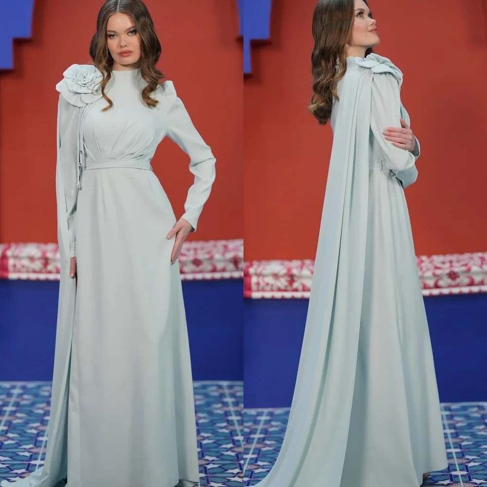 

Customized Matching Classic Jersey Handmade Flower Pleat A-line High Collar Long Dresses Bespoke Occasion Dresses High Quality