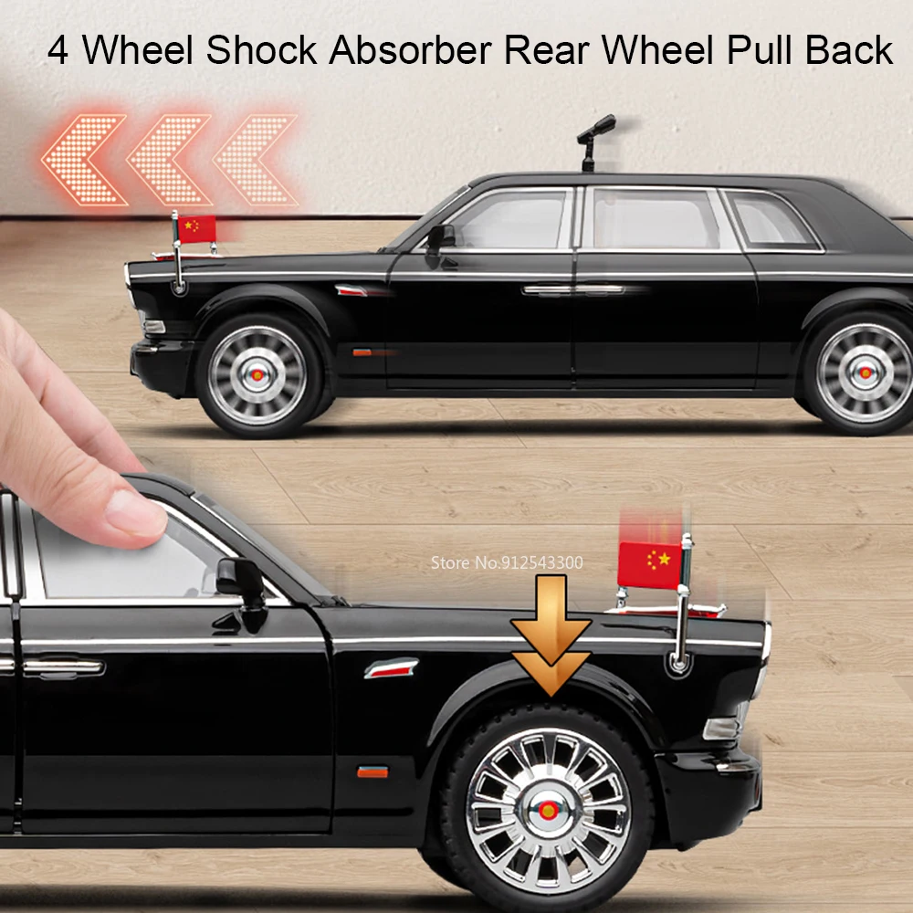 1:24 HONGQI 80th E-HS9 Car Model Toy Alloy Diecast Parade Vehicles Sound Light Pull Back Doors Opened Models Best Presents