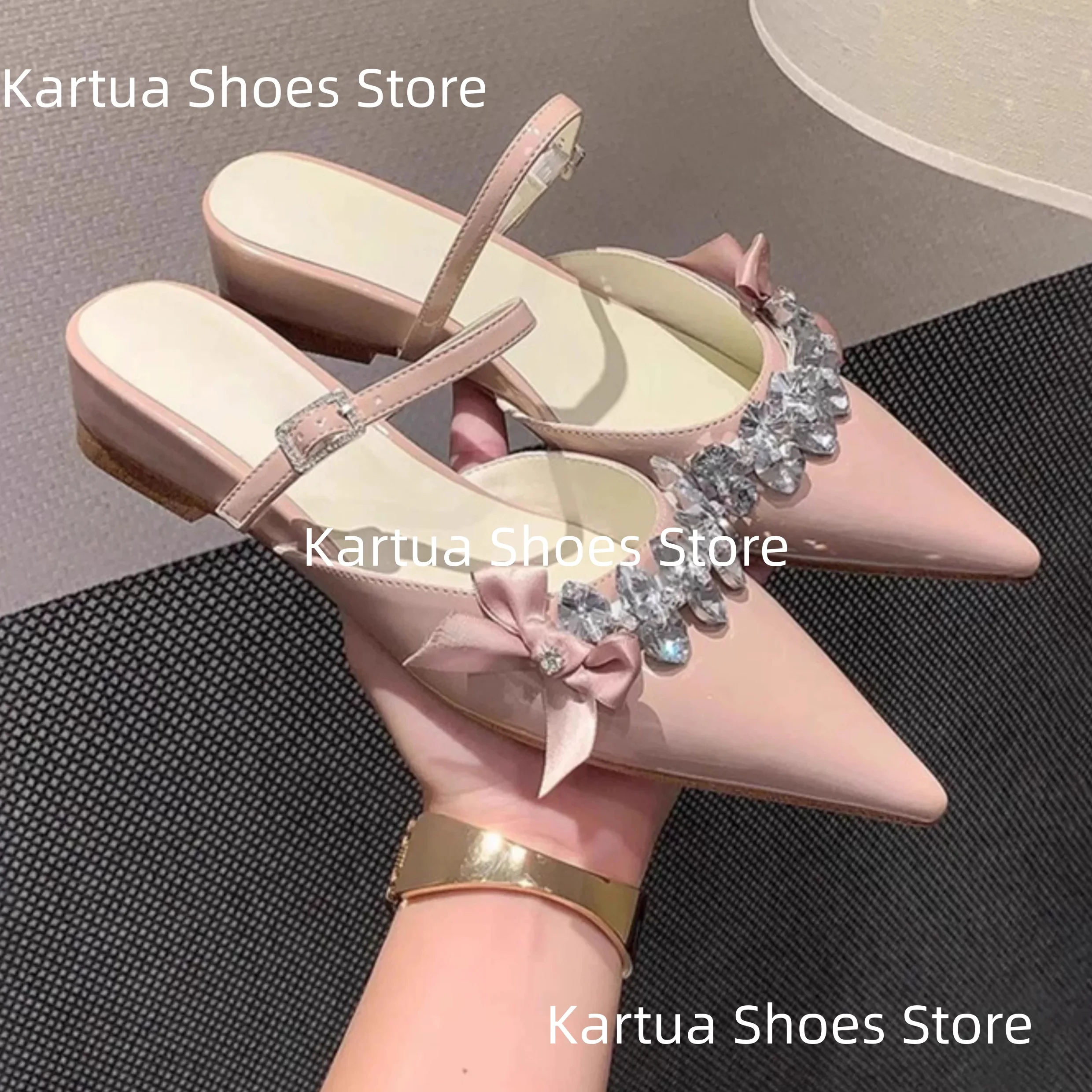 Women's Blush Pink Patent Rhinestone Bow Pointed Toe Low Wedge Heel Mule Sandals Sweet Elegant Ladies Dress Party Office Slipper