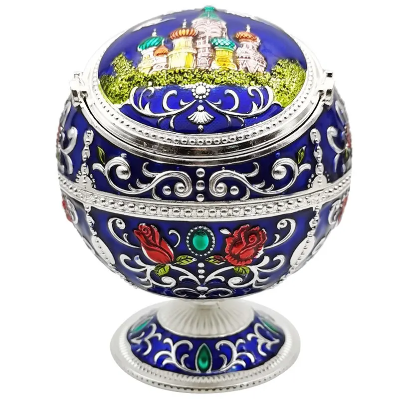 NEW Windproof Ash Tray Vintage Zinc Alloy Flower Pattern Globe Cigarette Ashtray Lid Tabletop Portable Home Decor Ashtrays