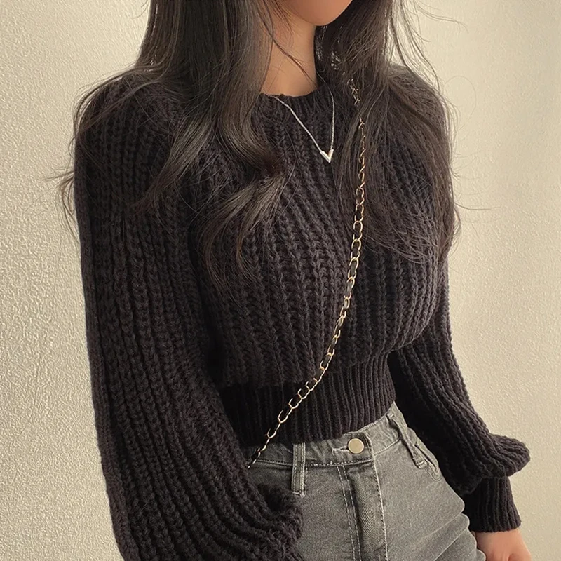 Vintage Harajuku Sweater Women Loose Latern Sleeve Korean Fall Winter Knitted Cropped Tops Soft Warm Chic Solid Jumper Pullover