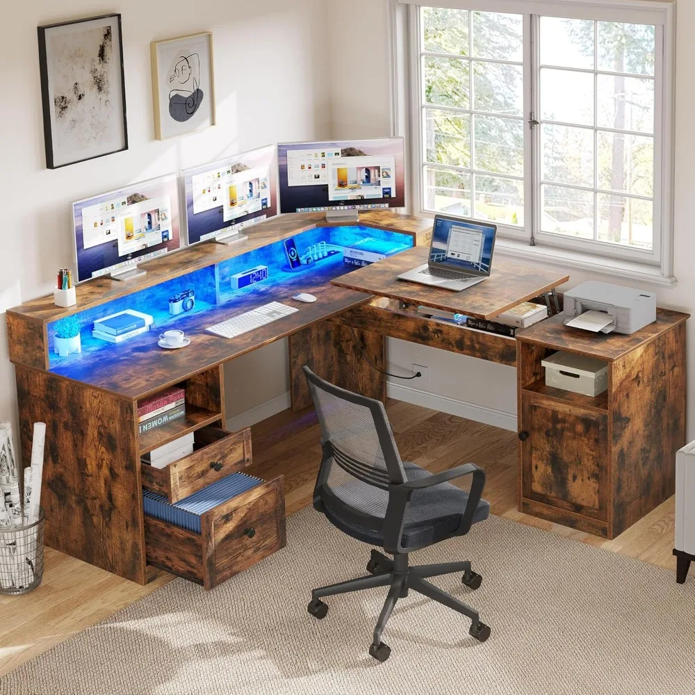 L Shaped Desk with Power Outlets & LED Lights, 60” Corner Computer Desk with Drawers & Lift Top, Home Office Desk
