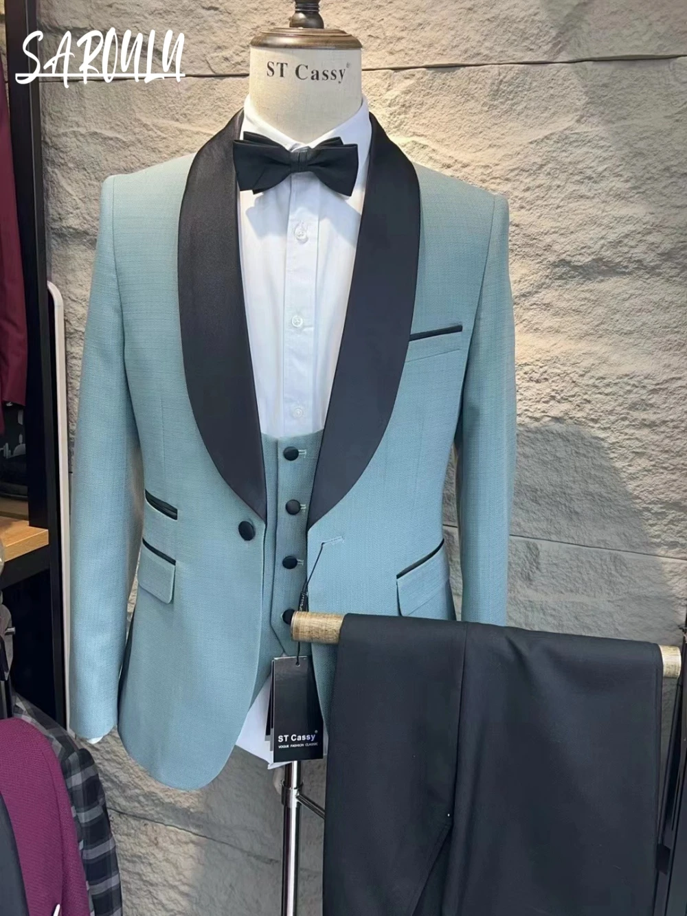 

Hot Sale Elegant Party Men Suit Vogue Jacket Vest Pants Shawl Lapel Customized In Stock Gentlemen Set Smart Textured Groom Wear