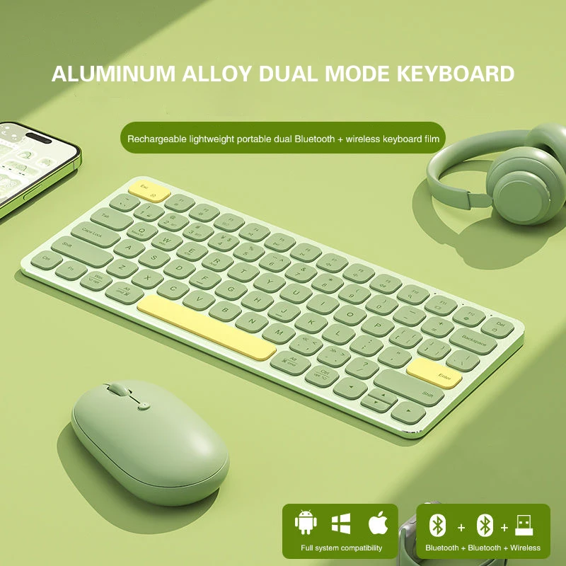 

Dual Mode Bluetooth Wireless Keyboard and Mouse Set Metal Mute Office Girl Keyboard Portable Lightweight Keyboard and Mouse Set