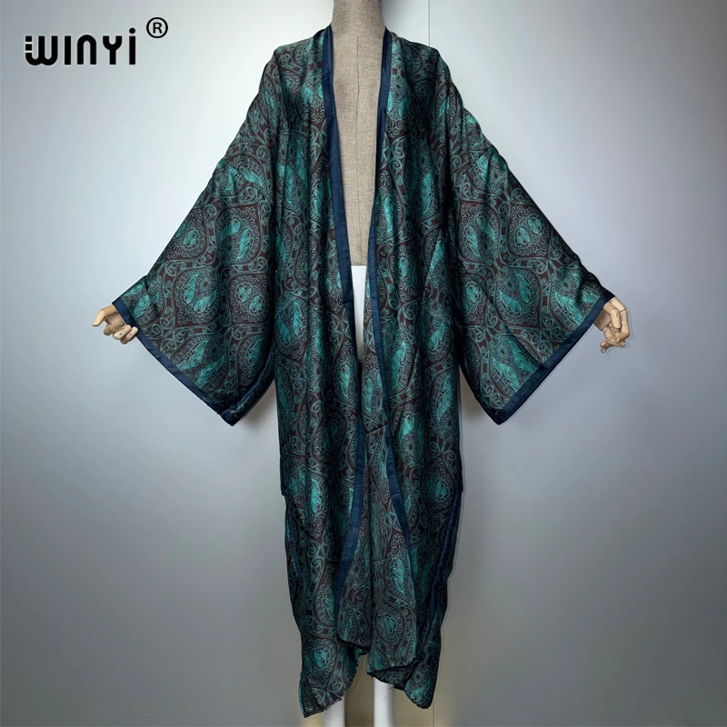 

WINYI kimono Classic pattern print sweet lady beach Bohemian long Cardigan Cover-up stitch Casual Boho Maxi Holiday party kimono