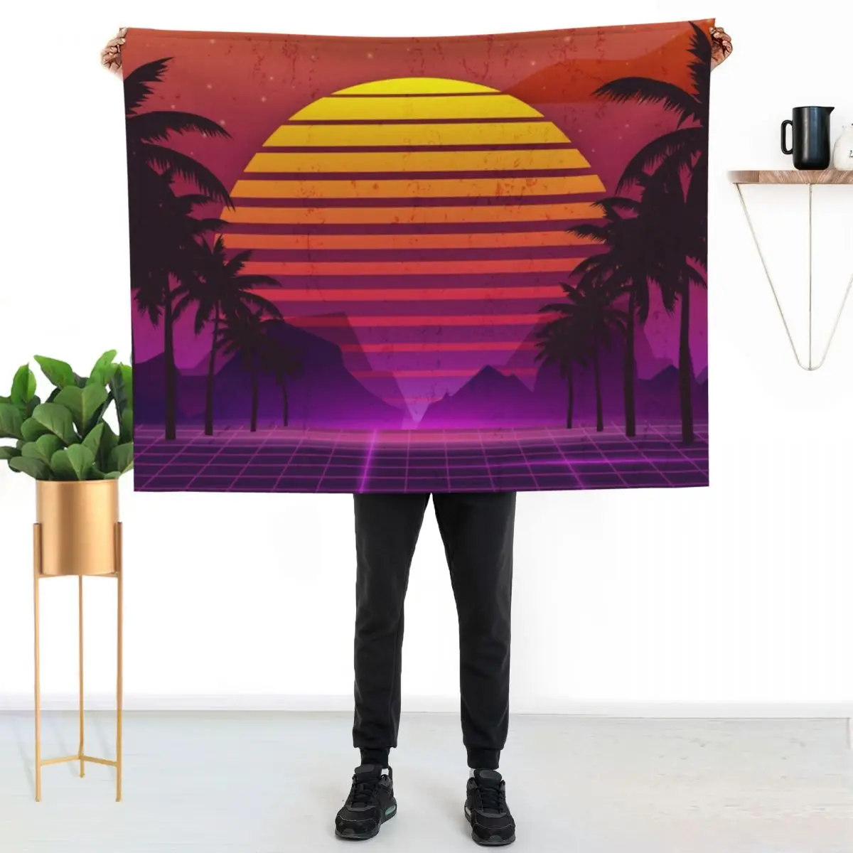 80's Palm Trees Sunset Vaporwave Throw Blanket Warm For Decorative Sofa Plush Decorative Sofas Summer Beddings Travel Blankets