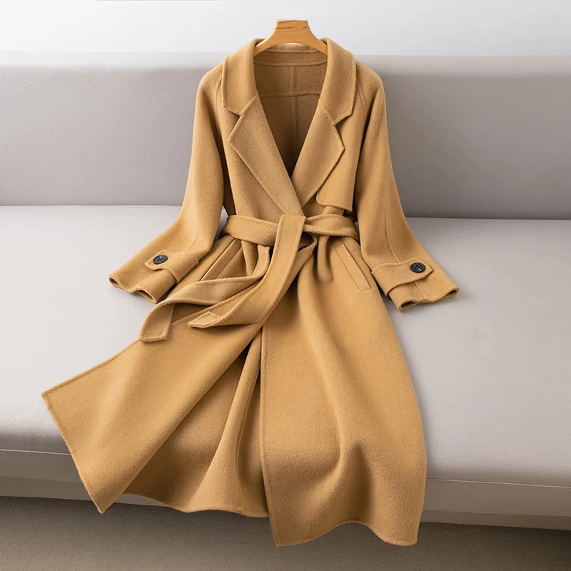 

Casual Big Size Thick Water Ripple Handmade Double-sided Wool Women Coat Lapel Long Seelve Loose Belt Jacket Winter Coat Outwear