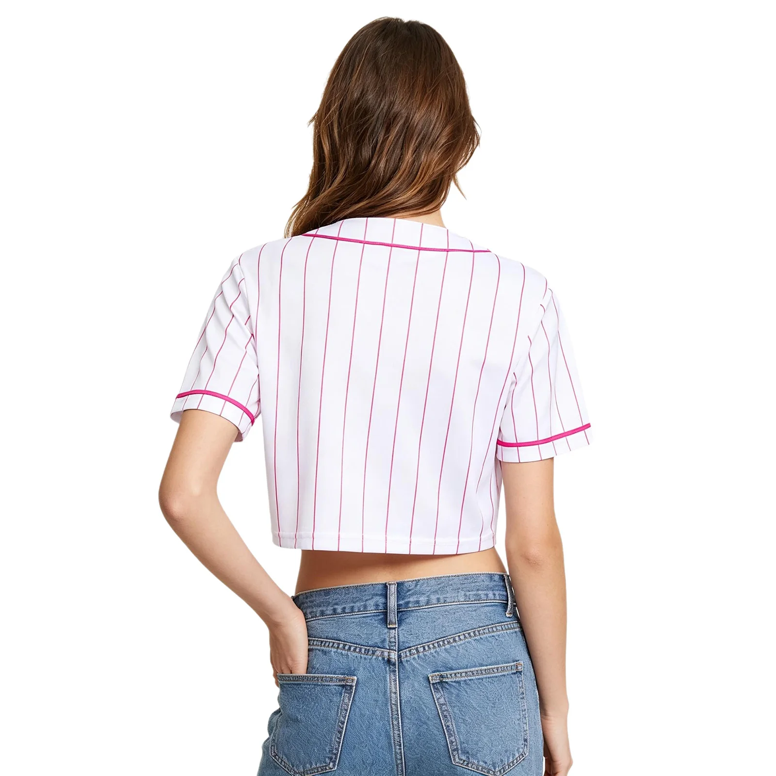 Women Baseball Jersey Crop Tops V-neck Short Sleeve Buttons Letters Printed Striped Shirt Top Cheerleading Ball Games Streetwear