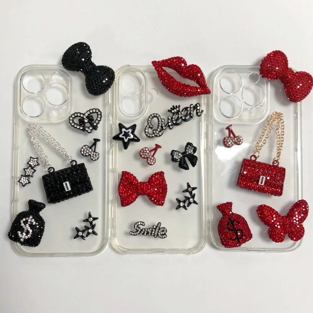 Valentine's day Luxury Bling Rhinestone Lips Bow Money Bag Butterfly Chain Bag Charms Love Heart Queen Gem Junk Phone Case Decor