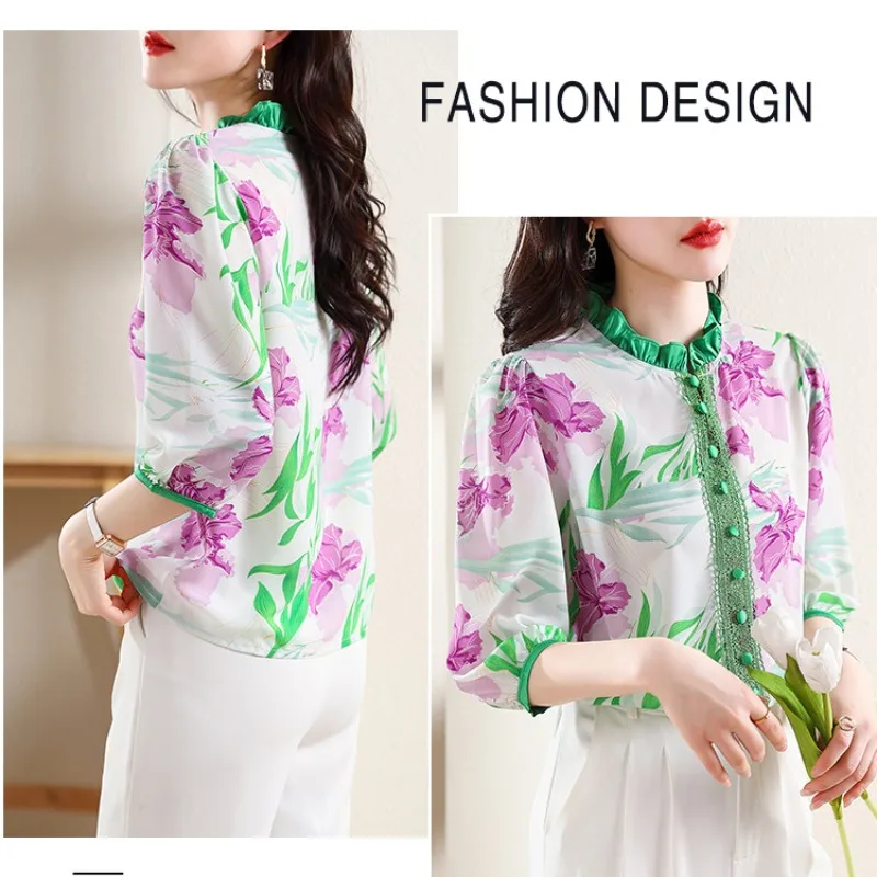 Spring and Summer New Women\'s Shirts Loose Fashion Casual Printing Pullover Half Neck Button Commuter Elegant Vacation Tops