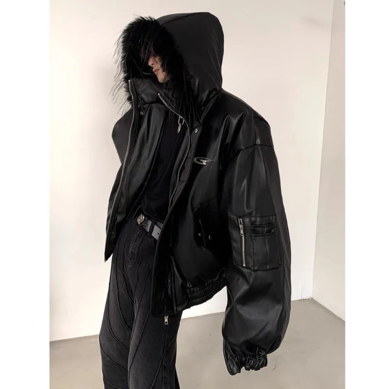 [OIMG] Small niche deconstruction plush PU leather cotton jacket for men with double layered collar design, hooded short