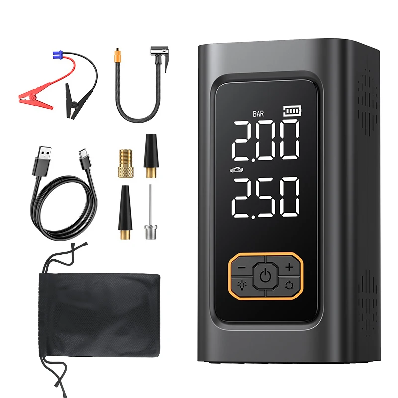 

Portable electric air pump, multi-functional car jump starter, emergency light and power bank