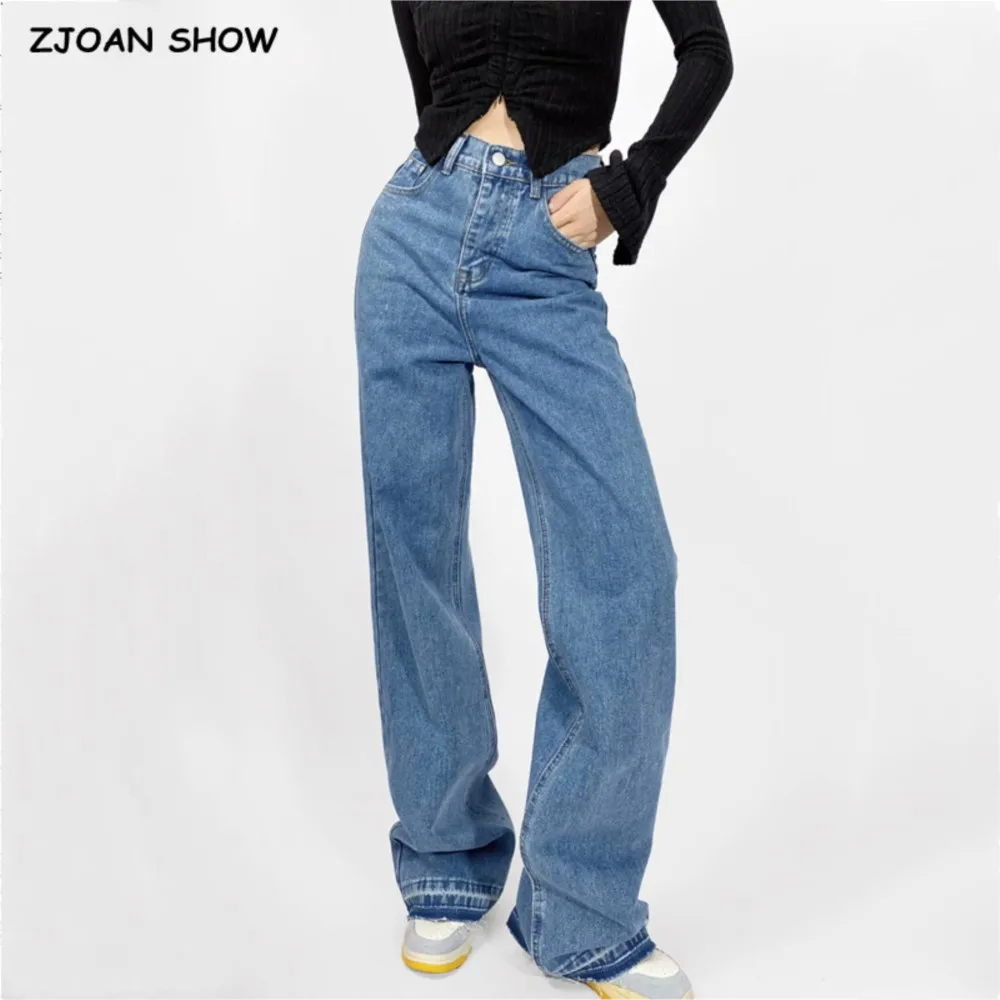 

Amercian Retro Washing Blue High Waist Straight Wide Leg Jeans Women Spliced Cuff Loose Denim Pants Floor Length Trousers Black