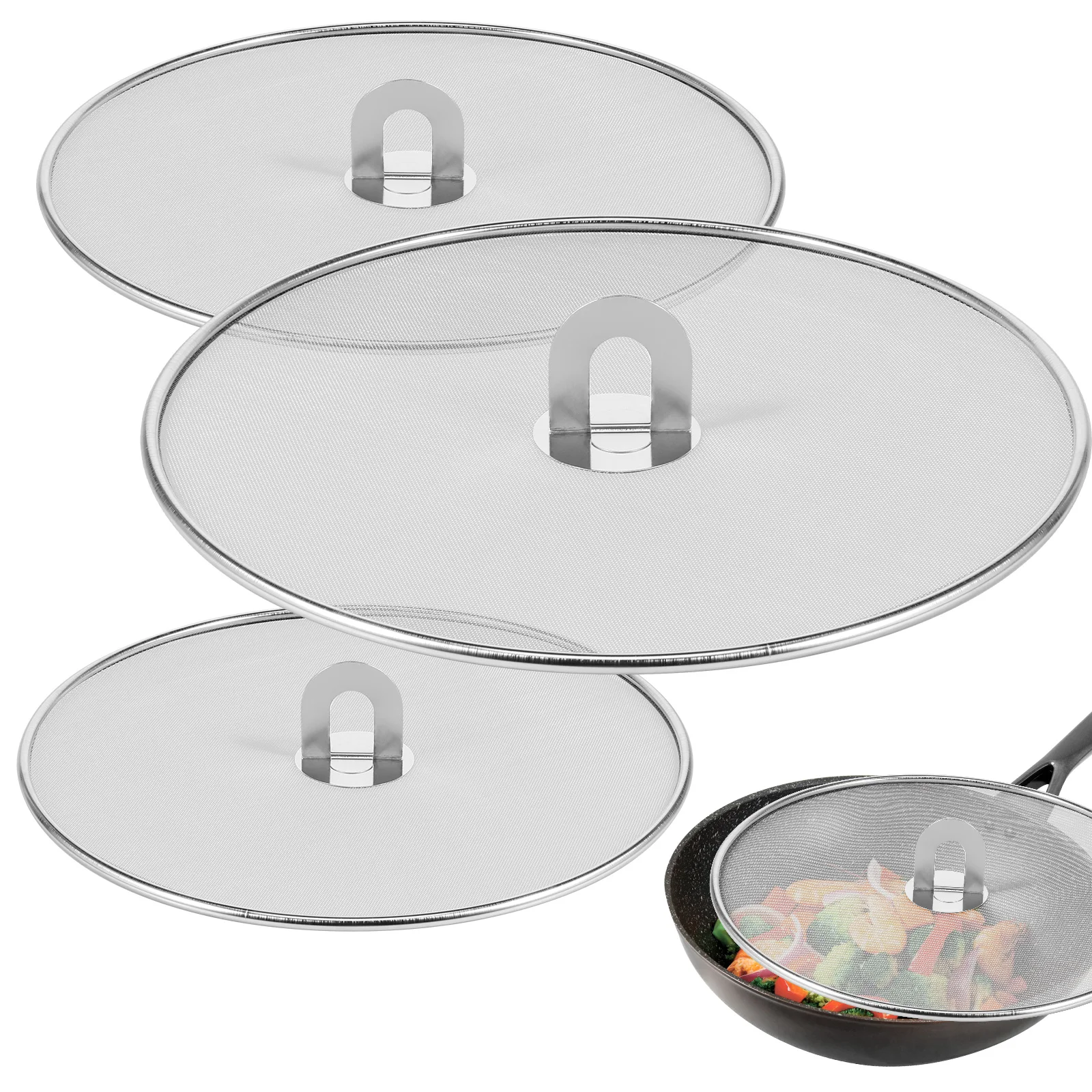 3Pcs Stainless Steel Anti Splatter Guard Oil Net Grease Splatter Screen Pan Mesh Guard Screen Splash Cover for Frying Pan Cooker