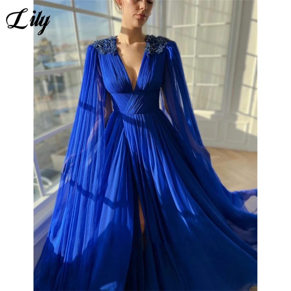 Lily Blue Elegant Evening Dresses Tulle V-Neck High Slit Prom Dress for Woman Sexy Backless Beach Wedding Dresses with Beads