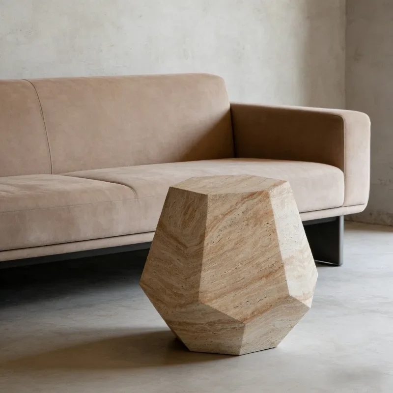 Imitation Travertine Stone Side Table Irregular Polygonal Faceted Cube Stool Raw Texture Decorative End Table